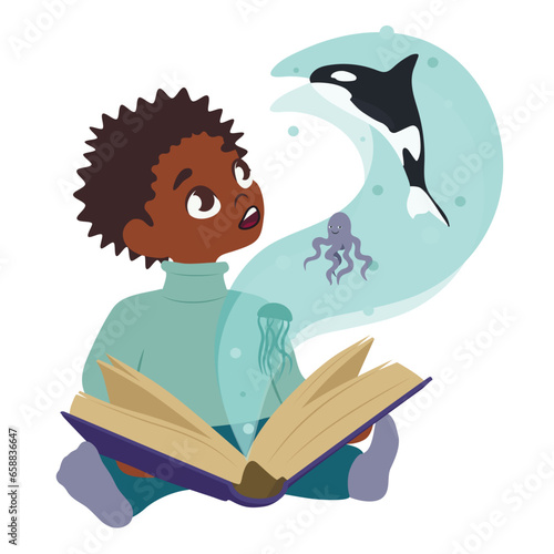 Little African-American boy reading magic book on white background