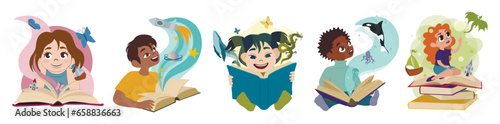 Set of little children with magic books on white background