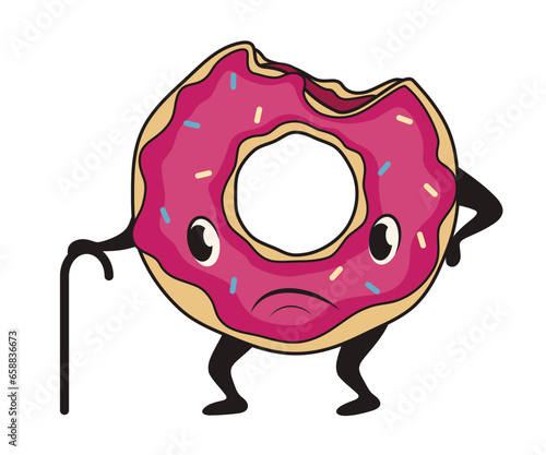 Limping donut with walking cane on white background