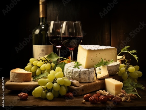 Cheese board with different varieties and two glasses of wine. AI