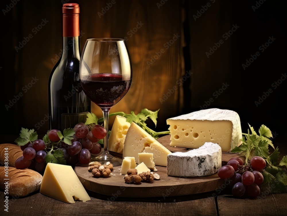 Cheese board with different varieties and glass of wine. AI