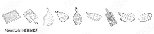 Set of different drawn wooden cutting boards on white background