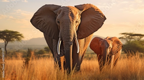 The majesty of African elephants, showcasing their gentle nature in the savannah. Generative AI © Godam
