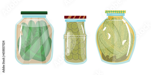 Set of pickled cucumbers on white background
