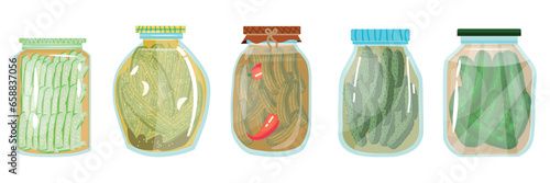 Set of pickled cucumbers on white background