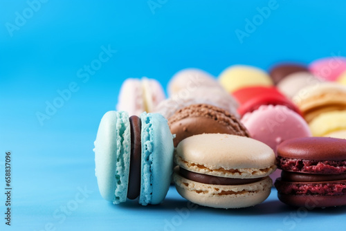 Many different macaroons on solid color background with copy space. horizontal composition