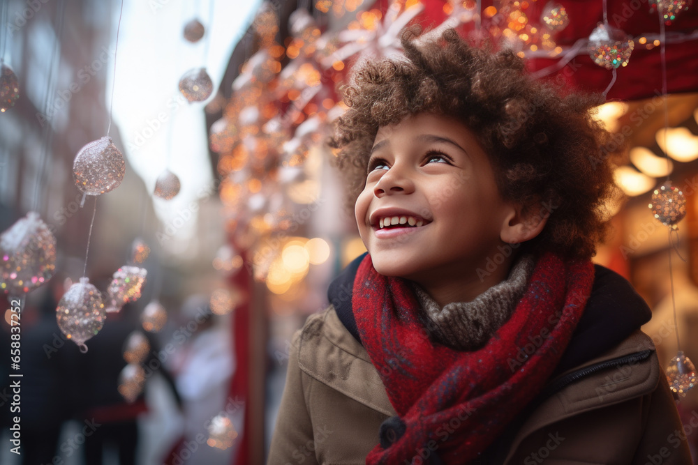 A smiling boy child at a Christmas market looking at christmas ornaments A smiling boy child at a Christmas market looking at christmas ornaments