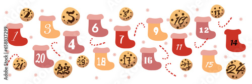 Mockup of beautiful advent calendar with Santa socks, cookies and candy canes