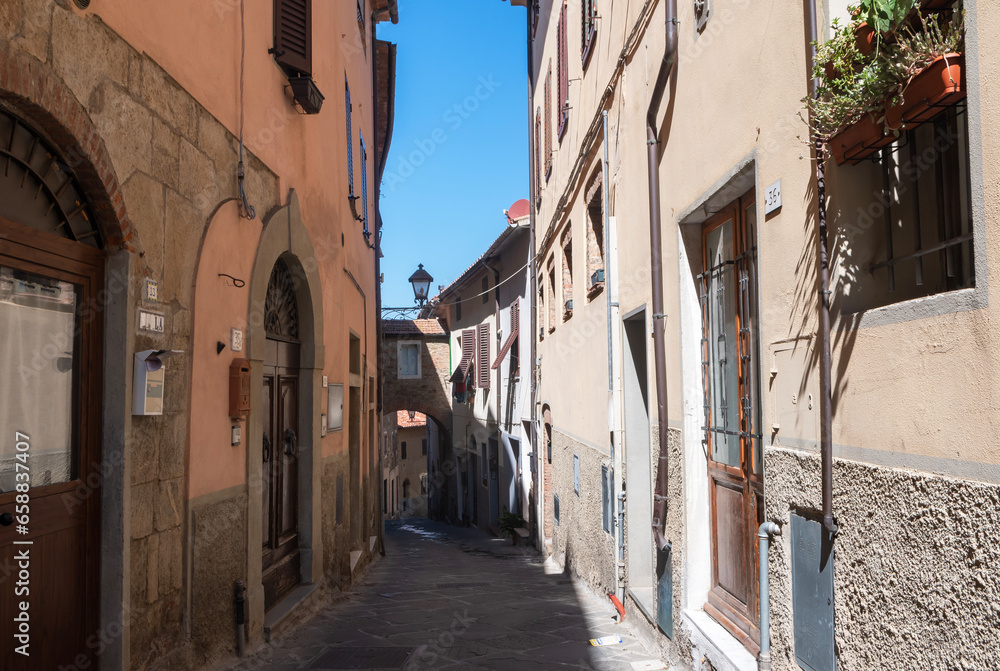 A street in the center of the picturesque medieval town of Scarlino, Maremma. Italy.