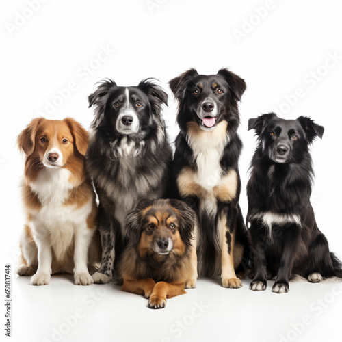 A group of border collie puppies isolated on white background