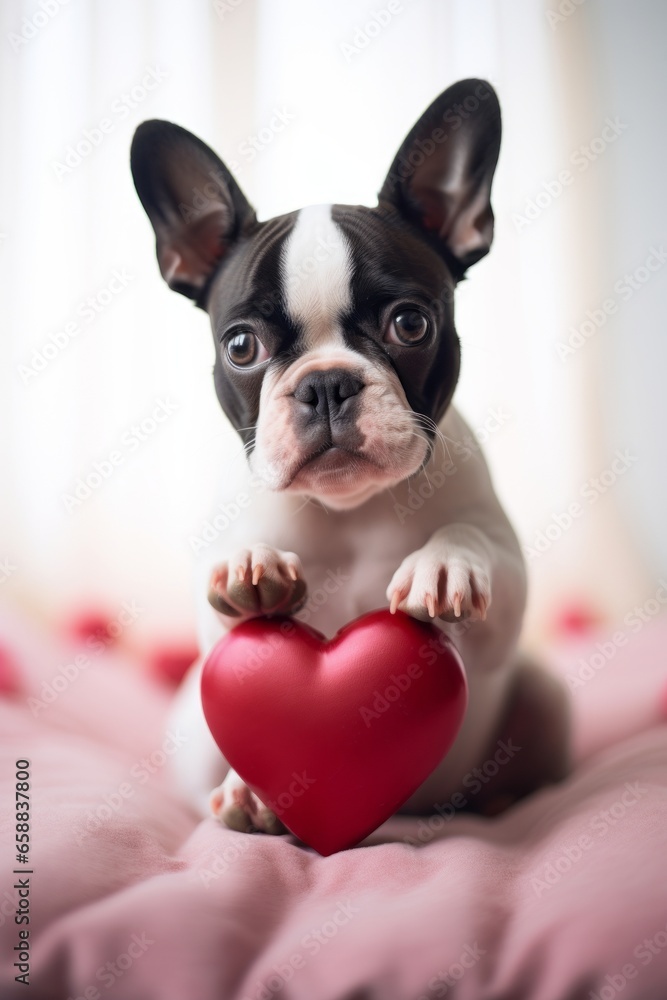An adorable Boston Terrier with roses and a heart. Generative AI. An adorable Boston Terrier with roses and a heart. Generative AI.