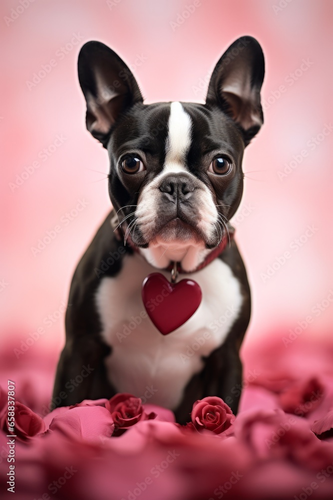 An adorable Boston Terrier with roses and a heart. Generative AI. 
