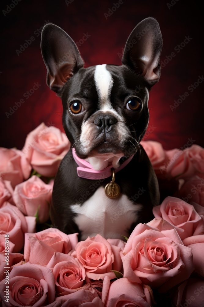 An adorable Boston Terrier with roses. Generative AI. 