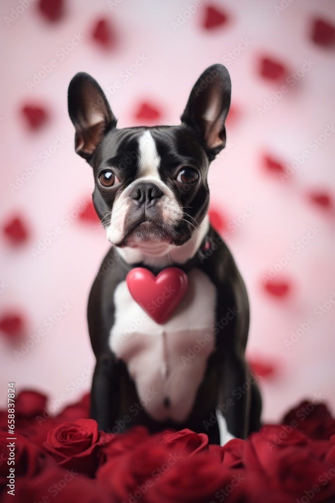 An adorable Boston Terrier with roses and a heart. Generative AI. 