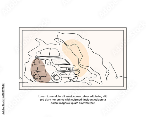 One line camping car poster drawing with a beautiful frame. Abstract minimal continuous line wall decor.