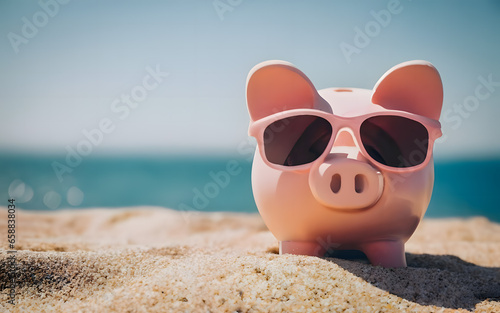 Piggy bank wearing sunglasses at the beach