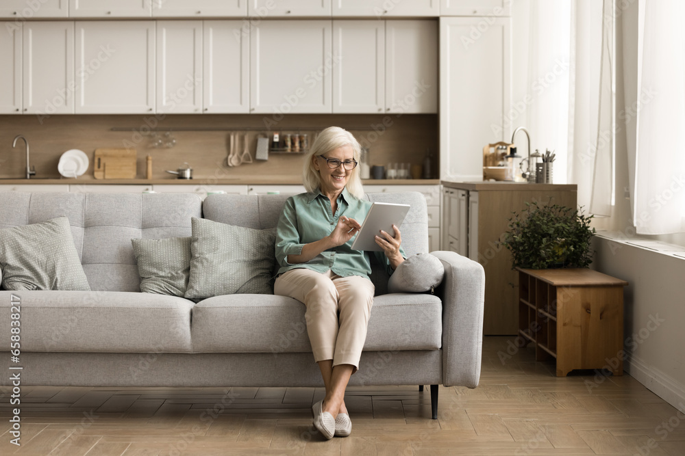 Positive blonde senior woman in glasses using tablet computer in stylish home interior, sitting on cozy comfortable couch with kitchen furniture behind, enjoying domestic online communication Positive blonde senior woman in glasses using tablet computer in stylish home interior, sitting on cozy comfortable couch with kitchen furniture behind, enjoying domestic online communication