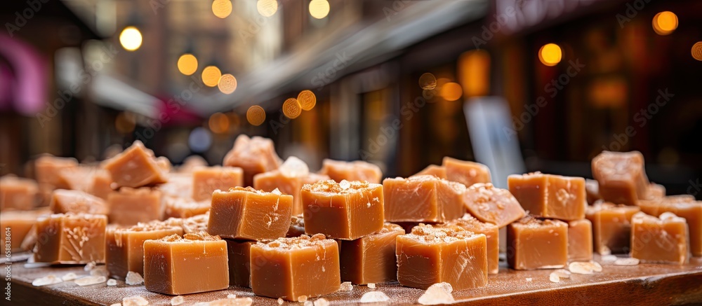 British fudge sold at a London market stall With copyspace for text