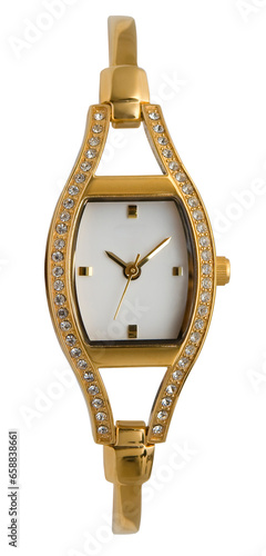 Luxury golden women wrist watch with diamonds isolated on transparent png background.