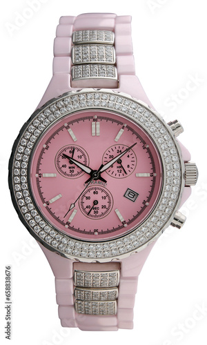 Luxury pink, silver and white wrist watch women with diamonds in png format isolated on transparent background.