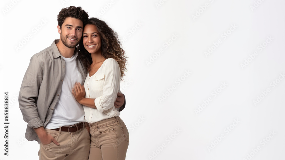 Couple Romantic standing side by side and hugging, isolated on white Couple Romantic standing side by side and hugging, isolated on white