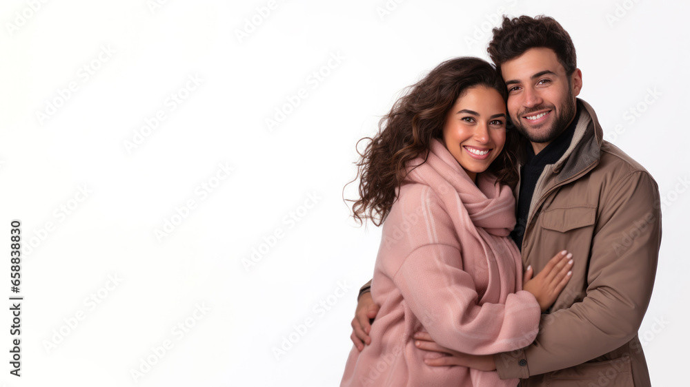 Couple Romantic standing side by side and hugging, isolated on white Couple Romantic standing side by side and hugging, isolated on white