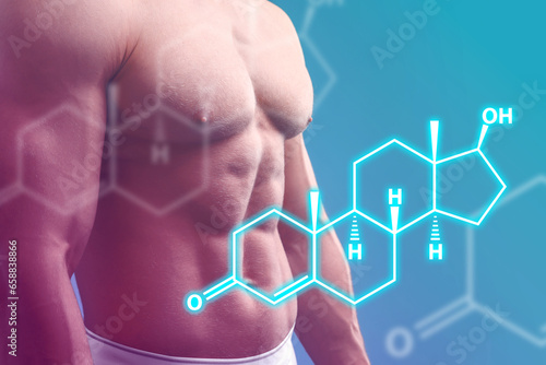 Fotografía Muscular man and structural formula of testosterone on light blue background, cl