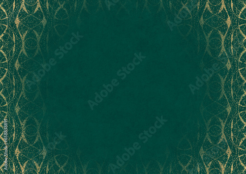 Dark cold green textured paper with vignette of golden hand-drawn pattern with golden glitter splatter. Copy space. Digital artwork, A4. (pattern: p10-4c)