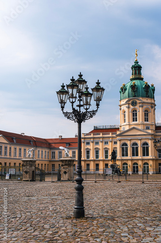 Old European churches and street lamps
