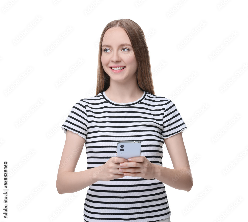 Happy woman sending message via smartphone isolated on white Happy woman sending message via smartphone isolated on white