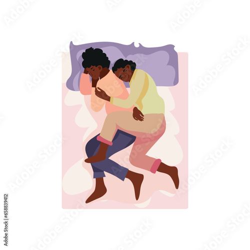 African-American couple sleeping in bed on white background, top view