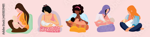 Set of women breastfeeding their babies on light pink background