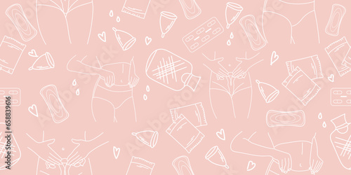 Pattern with female body and means of feminine hygiene on light pink background