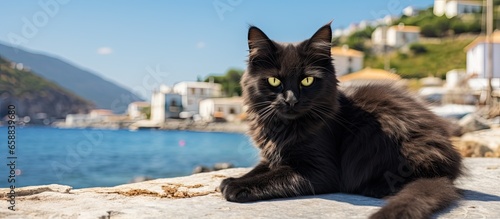 A friendly black cat strolls towards the camera on the enchanting Hydra Island With copyspace for text