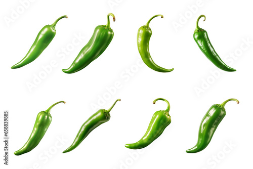 green chili peppers collection isolated on a transparent background