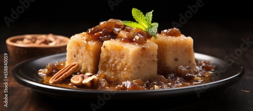 Indian sweet dish called bread halwa has other names like halva sheera pudding or suji and can be made quickly With copyspace for text