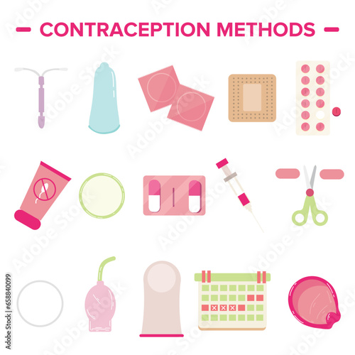 Banner with different contraceptive methods on white background