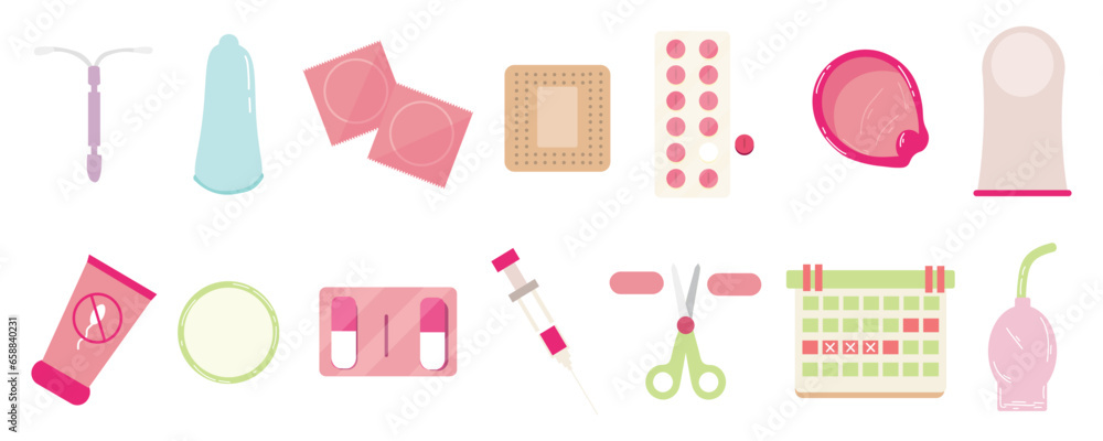 Set of different contraceptive methods on white background Set of different contraceptive methods on white background
