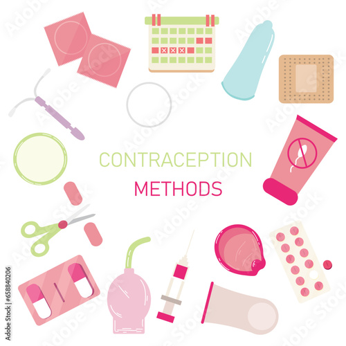Banner with different contraceptive methods on white background