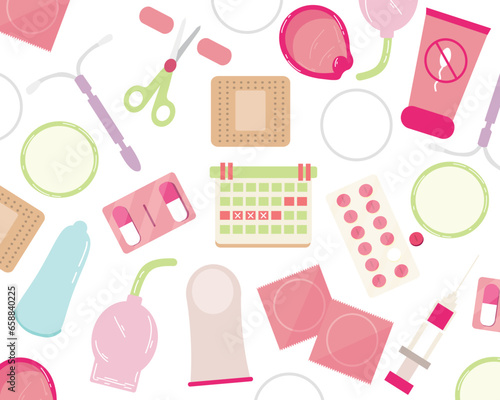 Set of different contraceptive methods on white background