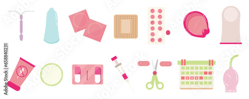 Set of different contraceptive methods on white background