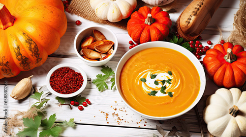 Thanksgiving table setting outdoors with pumpkins and candles. Autumn home decoration.