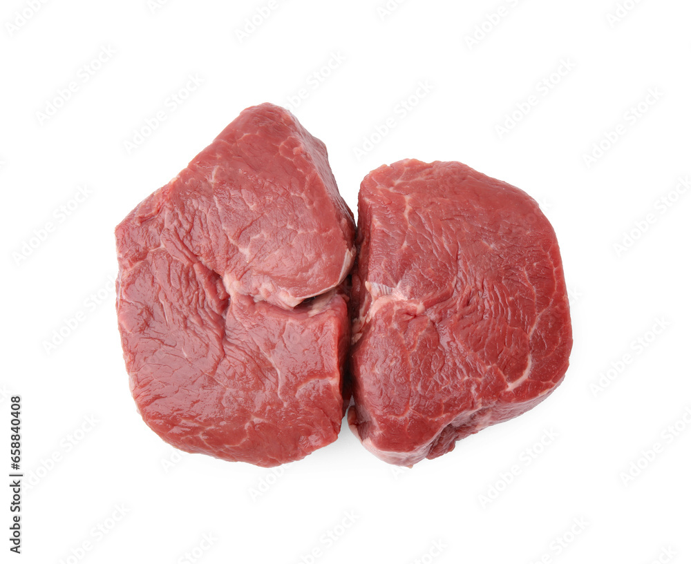 Cut fresh beef meat isolated on white, top view Cut fresh beef meat isolated on white, top view