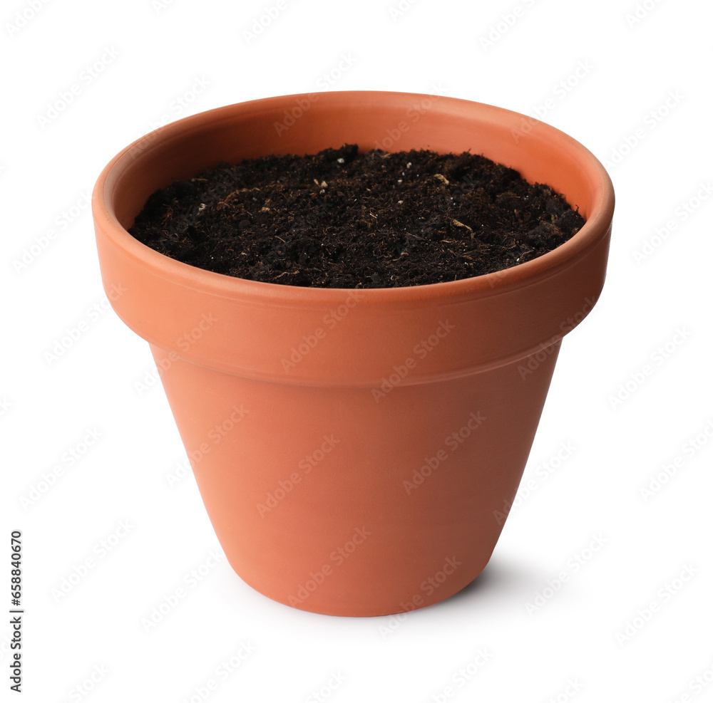 Clay flower pot with soil isolated on white Clay flower pot with soil isolated on white