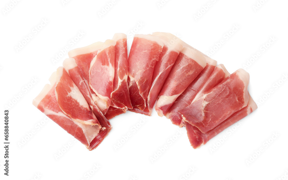 Slices of delicious jamon on white background, top view Slices of delicious jamon on white background, top view