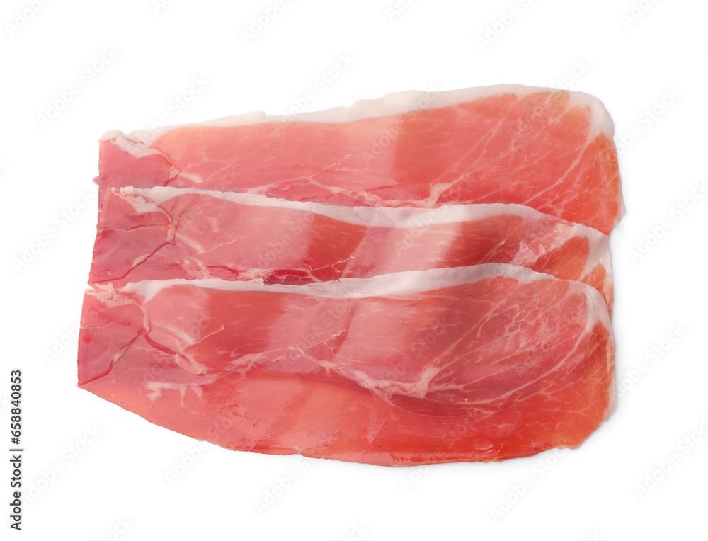 Slices of delicious jamon isolated on white, top view