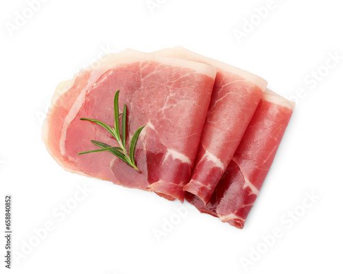 Delicious sliced jamon with rosemary on white background, top view