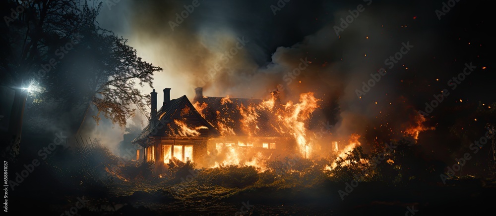 Uncontrolled fire at night country house ablaze Creative artwork decoration focused With copyspace for text Uncontrolled fire at night country house ablaze Creative artwork decoration focused With copyspace for text