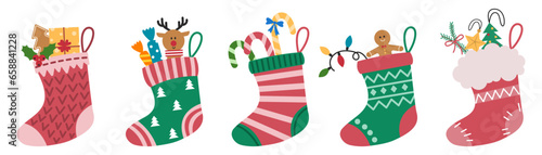 Set of Christmas socks with gifts on white background