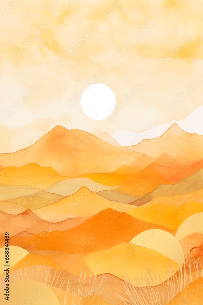 a boho vintage watercolor illustration of a landscape with mountains and sun with orange and gold colors.